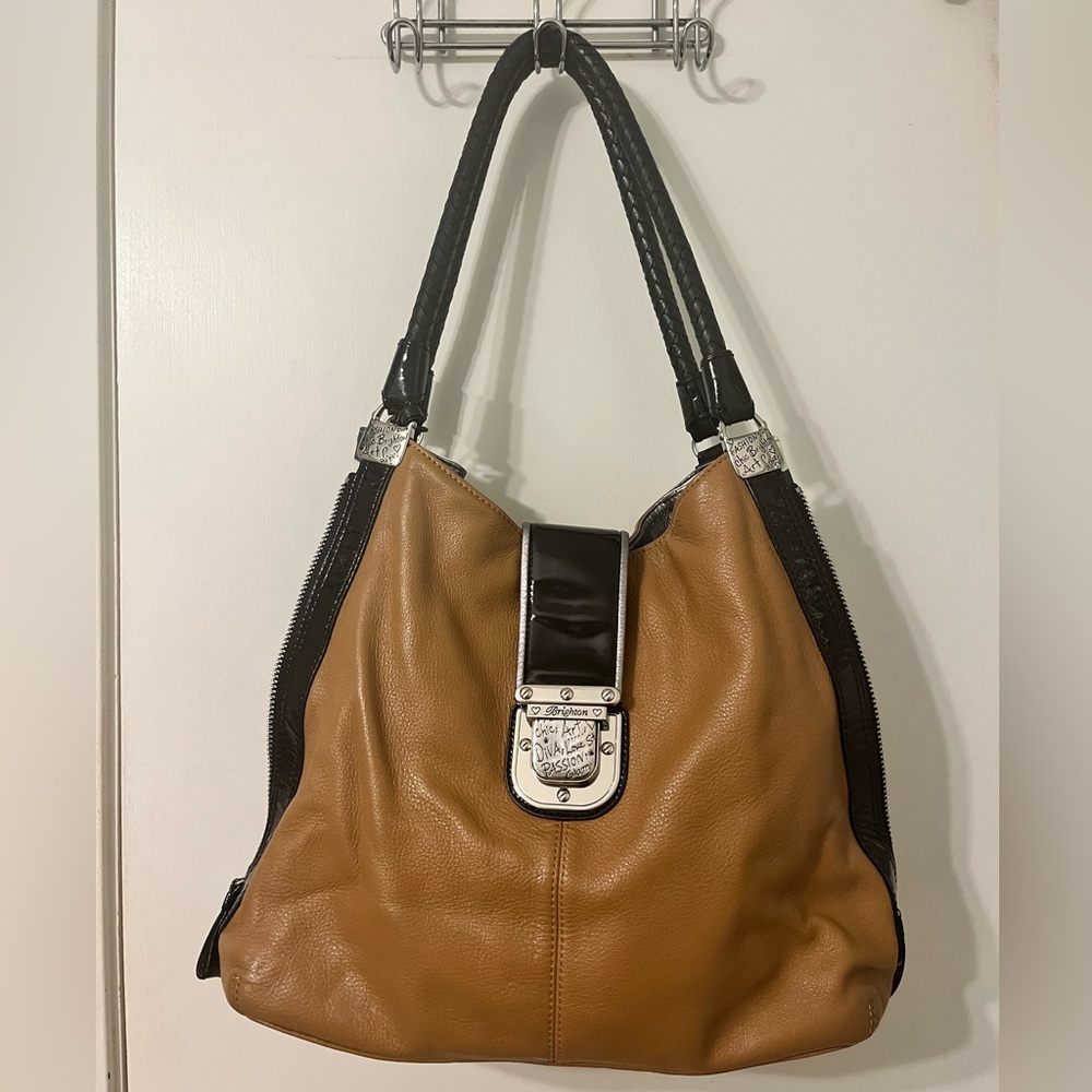 Brighton Fashionista City Block Dovima Brown Leather Zebra Shoulder Bag Hobo